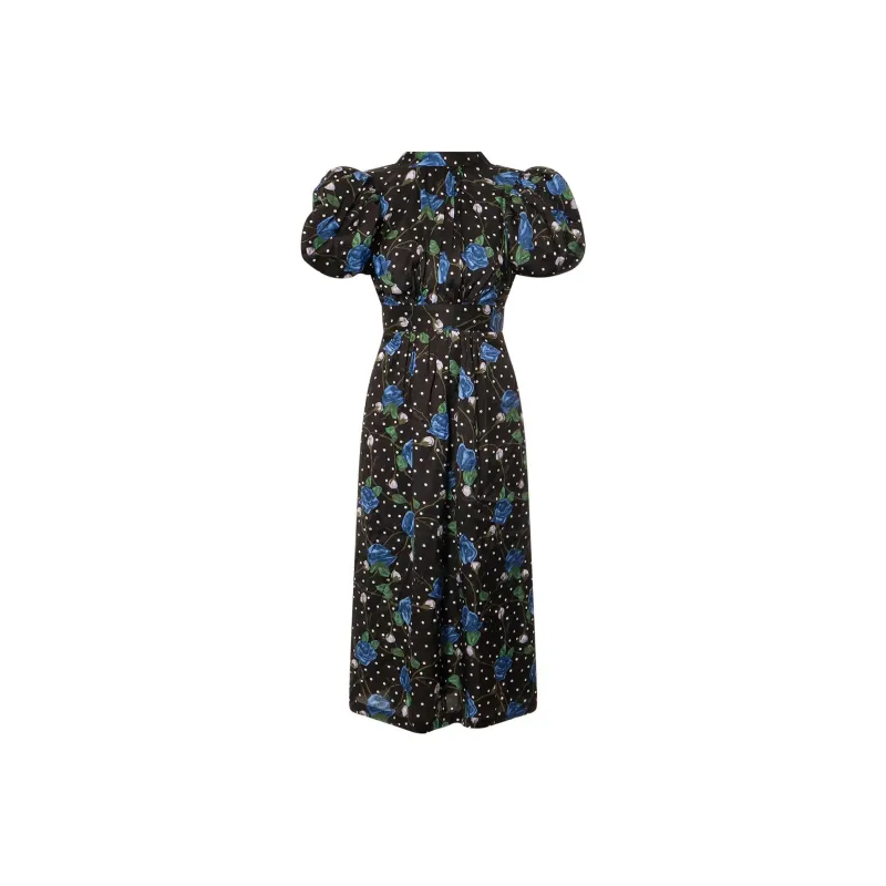 Rotate Satin Floral Printed Puff-Sleeved Midi Dress-0