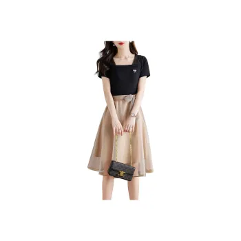 Still Quiet Short Sleeved Dress Women's Black+Champagne