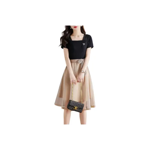 Still Quiet Short Sleeved Dress Women's Black+Champagne