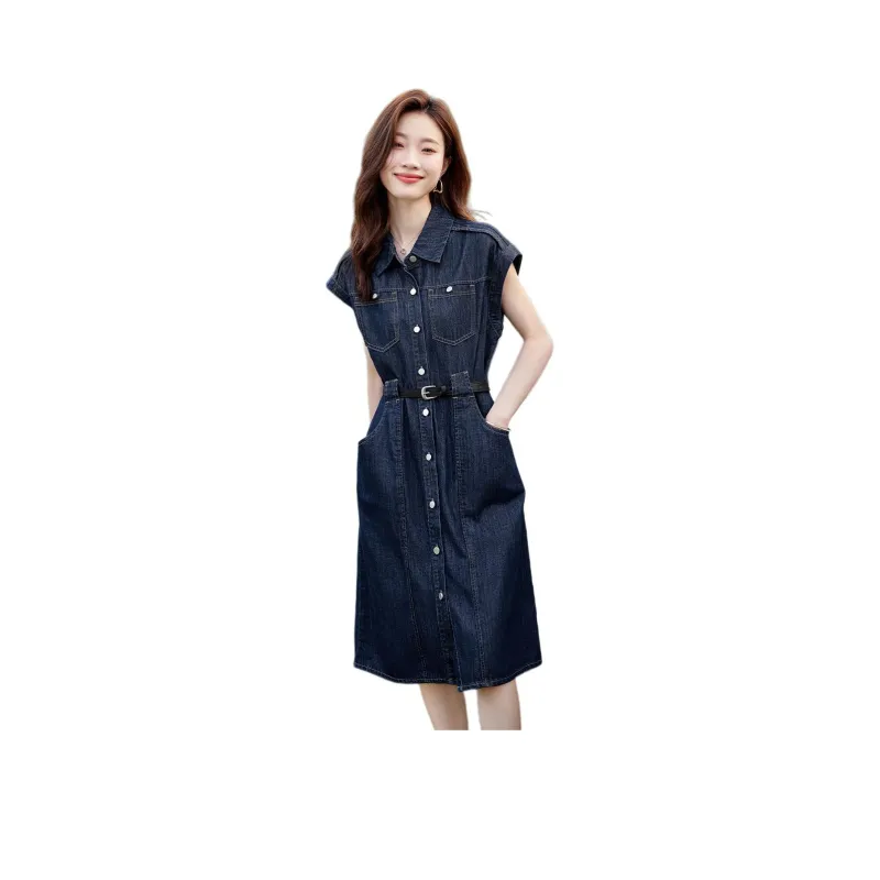 Mo Han Yi Mei Sleeveless Dress Women's Denim Blue-0
