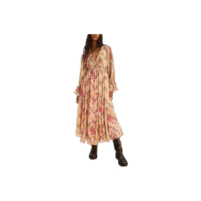 FREE PEOPLE Lena Midi Dress Long-Sleeved Dresses Women's Natural Combo/Natural-0