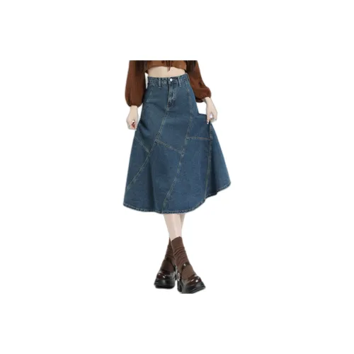 ZXZA Denim Long Skirts Women's Dark Blue