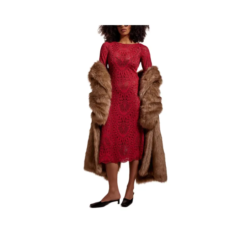 FREE PEOPLE Nightcap Lanai Lace Midi Dress Long-Sleeved Dresses Women's Red/Red-0