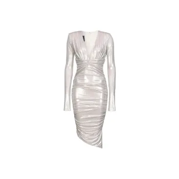 PINKO Asymmetric Hem Gathered Metallic Midi Dress