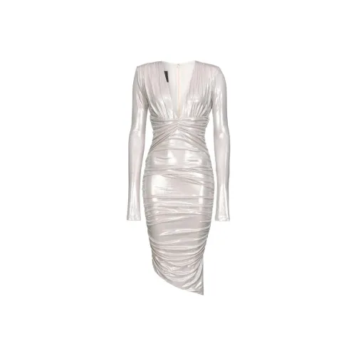 PINKO Asymmetric Hem Gathered Metallic Midi Dress