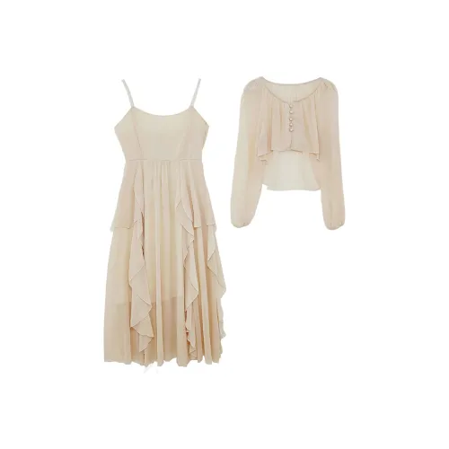 Icicofficial Slip Dresses Women's Apricot Two Piece Set