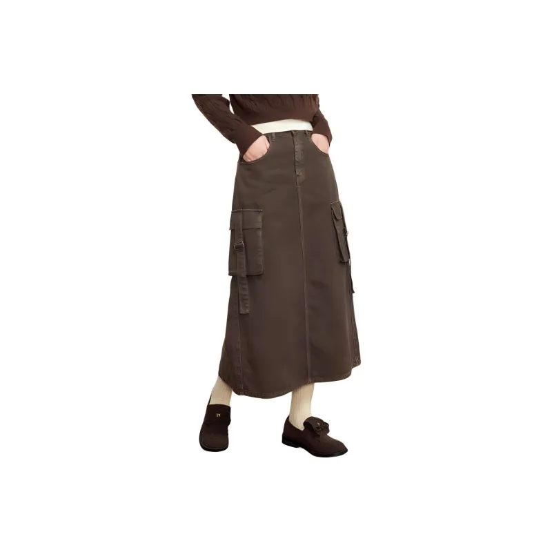 ZIHAN Denim Long Skirt Women's Coffee-0