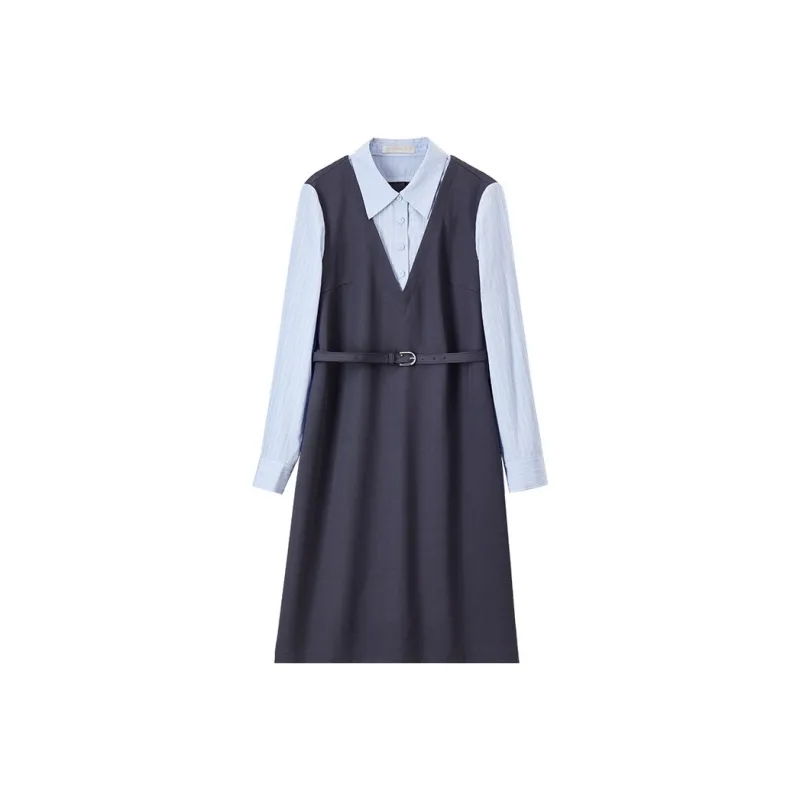 SENTUBILA Long Sleeved Dresses Women's Dark Gray With Stripes-0