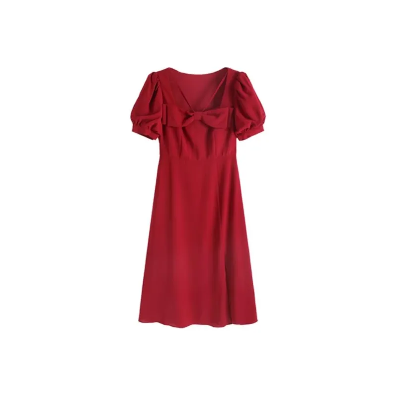 HUASJ Short Sleeved Dresses Women's Dark Red-0