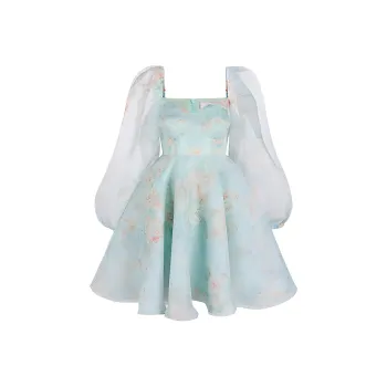 Selkie Collection SS24 Long Sleeved Dresses Women's Light Blue Base Mint Herbal Print