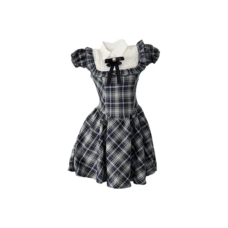SYEEE WITH U Short Sleeved Dresses Women's Blue Plaid-0