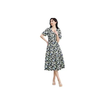 Hopeshow Short Sleeved Dress Women's Blue Floral