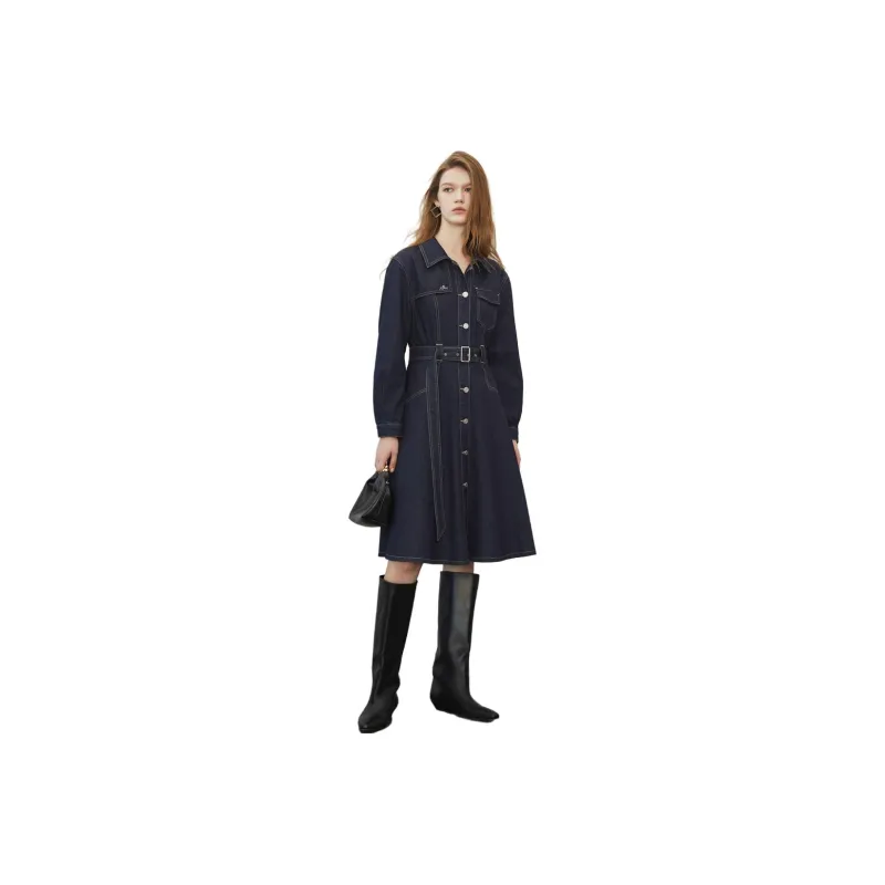 ELLE Long Sleeved Dresses Fall Women's Denim Blue-0