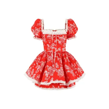 Selkie Collection SS25 Short Sleeved Dresses Women's Red Background With Rose Print