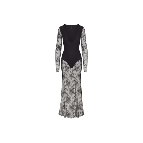 SKIMS PLUNGE LONG DRESS Long Sleeved Dress Women's ONYX/Agate