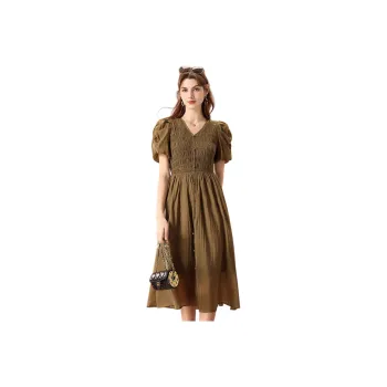 FENHONGMALI Short Sleeved Dresses Cinched Waist Women's Olive Green