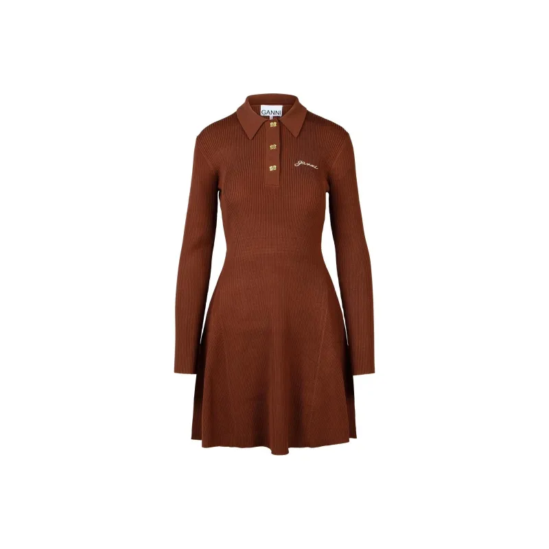 GANNI Logo-Embroidered Long-Sleeved Knitted Polo Dress-0
