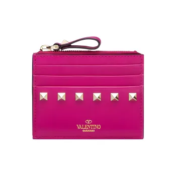 Valentino ROCKSTUD Smooth Calf Leather Coin Purses Card Holders Women's Fuchsia