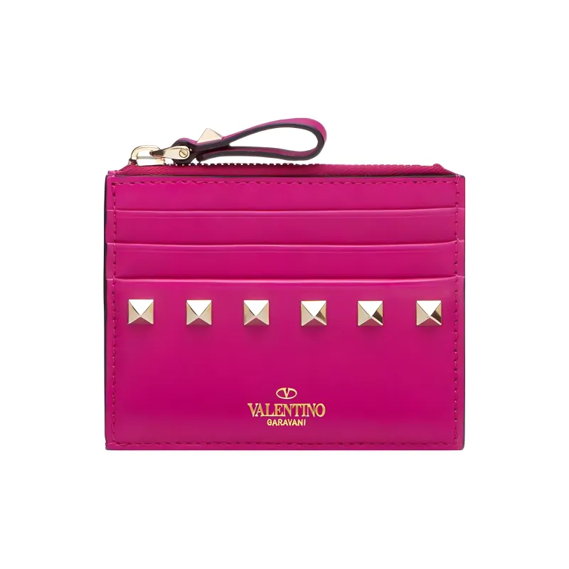 Valentino ROCKSTUD Smooth Calf Leather Coin Purses Card Holders Women's Fuchsia-0