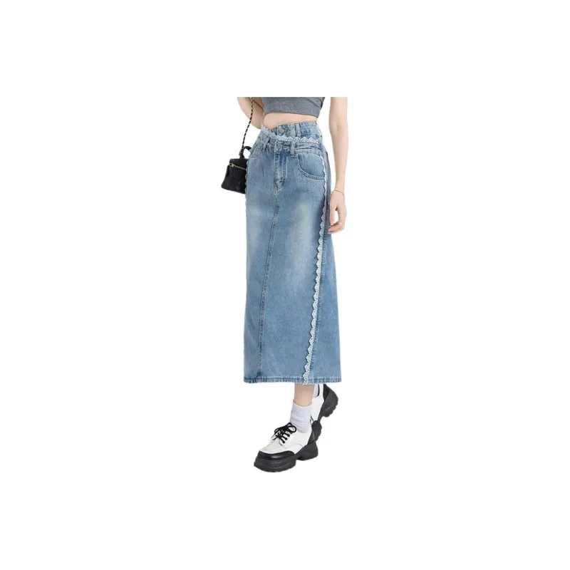 Mu Xiao Xin Denim Long Skirt Women's Light Blue-0