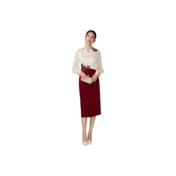 BBLLUUEE Long Sleeved Dress Women's Maple Leaf Red