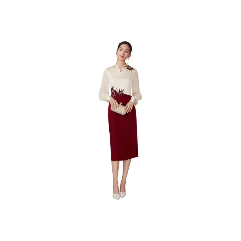 BBLLUUEE Long Sleeved Dress Women's Maple Leaf Red-0