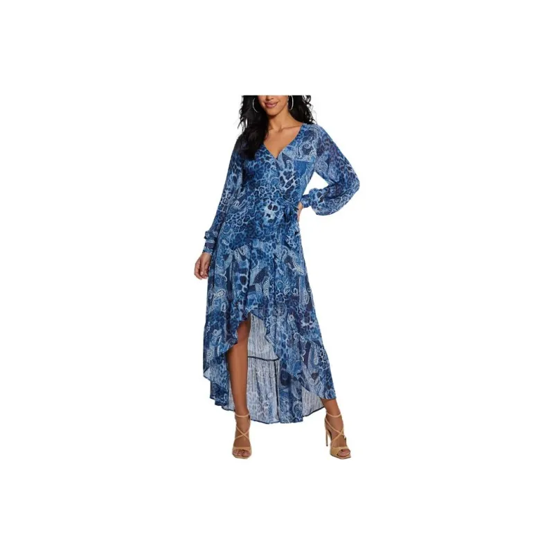 GUESS Eco Nuovo Bahia Wrap Maxi Dress Long-Sleeved Dresses Women's Blue-0