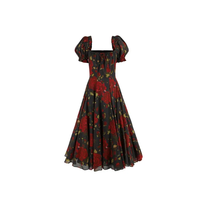 Selkie Collection SS25 Short Sleeved Dress Women's Red Rose Print Under The Night-0
