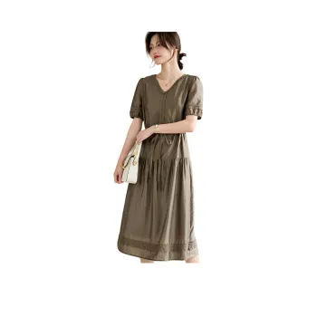 Still Quiet Short Sleeved Dresses Women's Coffee Green