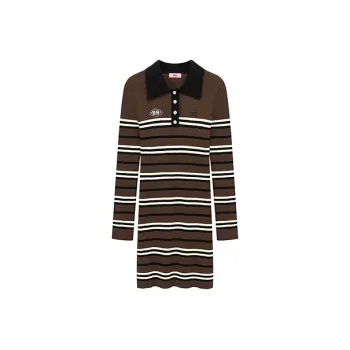 CHUU Long Sleeved Dress Women's Coffee Stripes