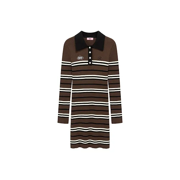 CHUU Long Sleeved Dress Women's Coffee Stripes-0