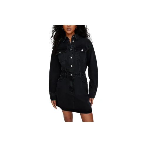 NASTY GAL Denim Shirt Dress Long-Sleeved Dresses Women's Washed Black