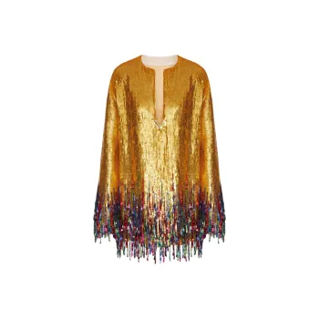 Valentino Short Embroidered Organza Dress Long-Sleeved Dresses Women's Gold