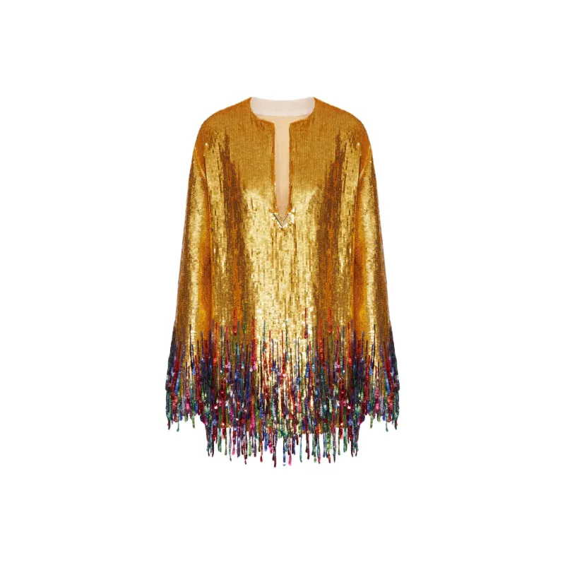 Valentino Short Embroidered Organza Dress Long-Sleeved Dresses Women's Gold-0
