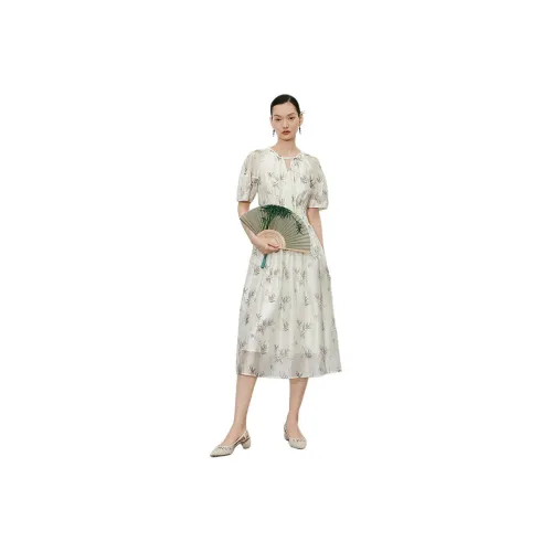 Hopeshow Short-Sleeved Dresses Women's White Base With Flowers