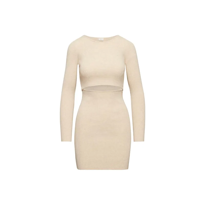 ARITZIA Wilfred Free Cut-Out Knit Longsleeve Mini Dress Long-Sleeved Dresses Women's Heather Flax Beige/Linen Beige-0