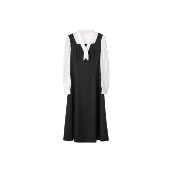 Fstudio Korean Style Color Block Mock Two Piece A Line Early Spring Dress Women's Black