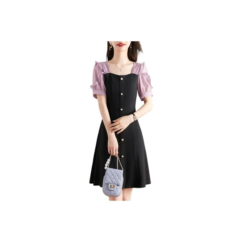 Like The Age Of Water Summer Short Sleeved Dress Slim Fit Women's Black-0