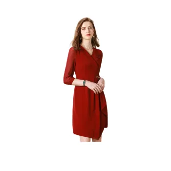 FENHONGMALI Long Sleeved Dress Women's Red