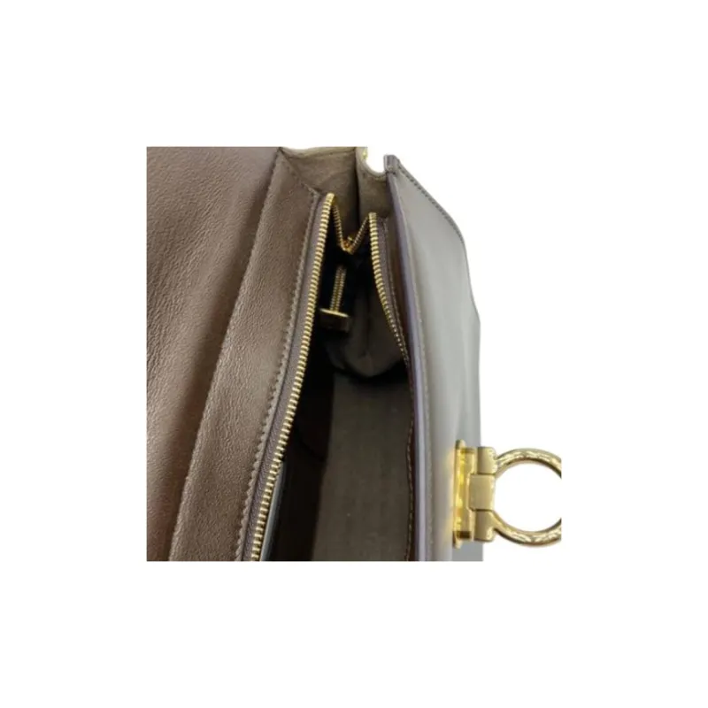 FERRAGAMO Leather Shoulder Bag, Crossbody Bag, Handbag Women's Beige & Black-4
