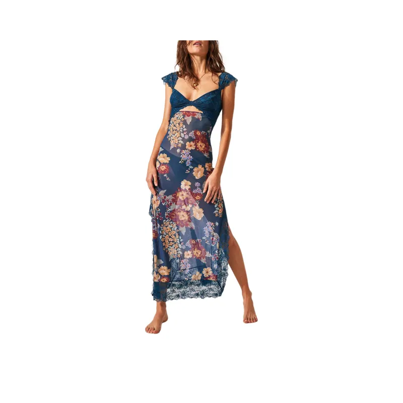 FREE PEOPLE Suddenly Fine Maxi Slip Short-Sleeved Dresses Women's Jade Combo/Emerald Green-0