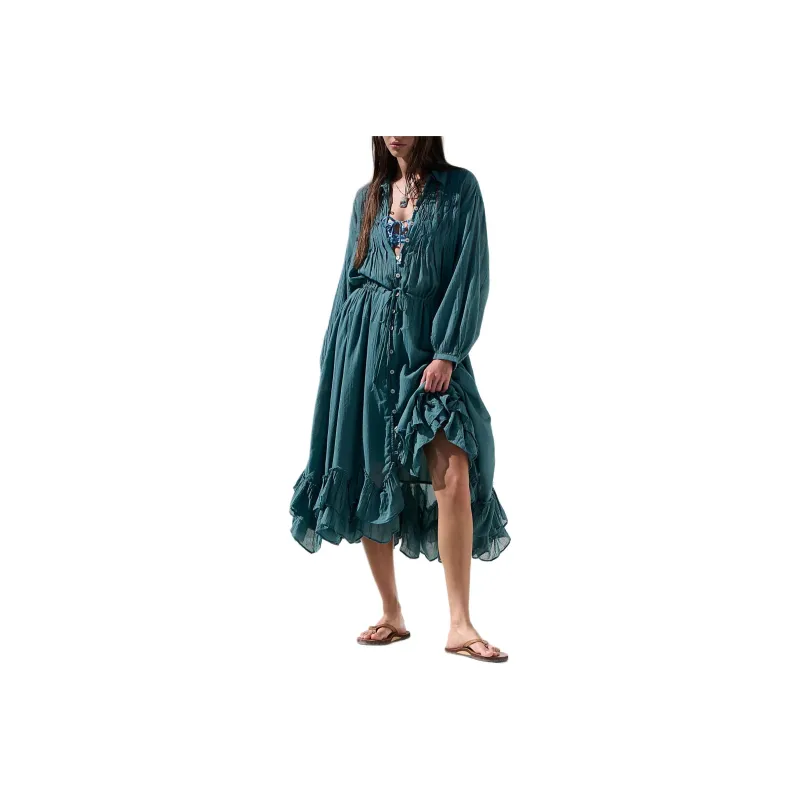 FREE PEOPLE Sea La Vie Midi Long-Sleeved Dresses Women's Sagebrush Green/Desert Green-0