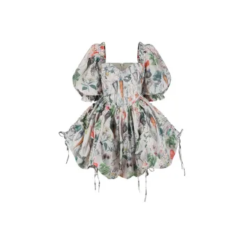 Selkie Collection SS25 Short Sleeved Dress Women's Apricot With Gathered Heroes Print