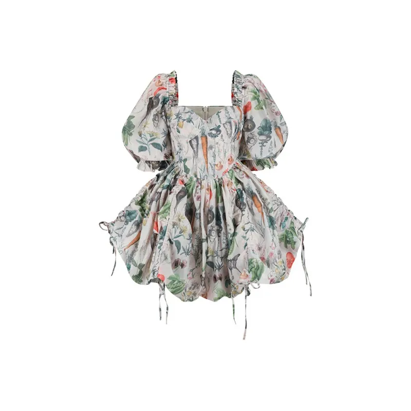 Selkie Collection SS25 Short Sleeved Dress Women's Apricot With Gathered Heroes Print-0