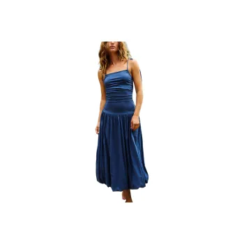 FREE PEOPLE Liza Drop-Waist Midi Slip Dresses Women's Dark Denim
