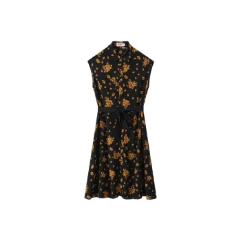 H-YXIANG Sleeveless Dress Women's Black Background With Yellow Flowers