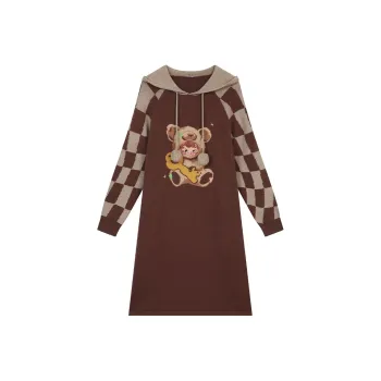 ELF SACK Long Sleeved Dress Women's Vintage Coffee