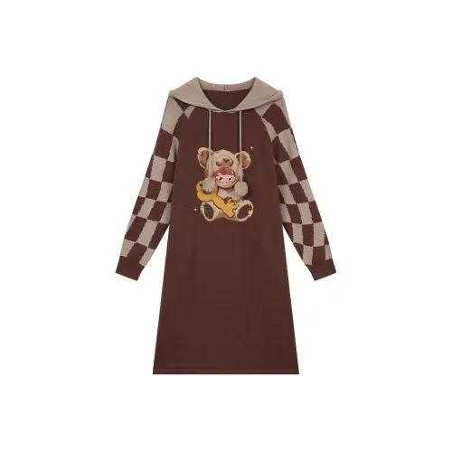 ELF SACK Long Sleeved Dress Women's Vintage Coffee