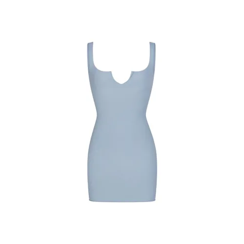 SKIMS SS24 RAW EDGE SLIT FRONT MINI DRESS Slip Dresses Women's DENIM/Denim