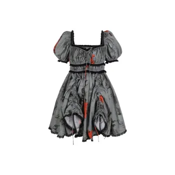 Selkie Collection Short Sleeved Dresses Women's Gray Green Base With Painting Draft Print